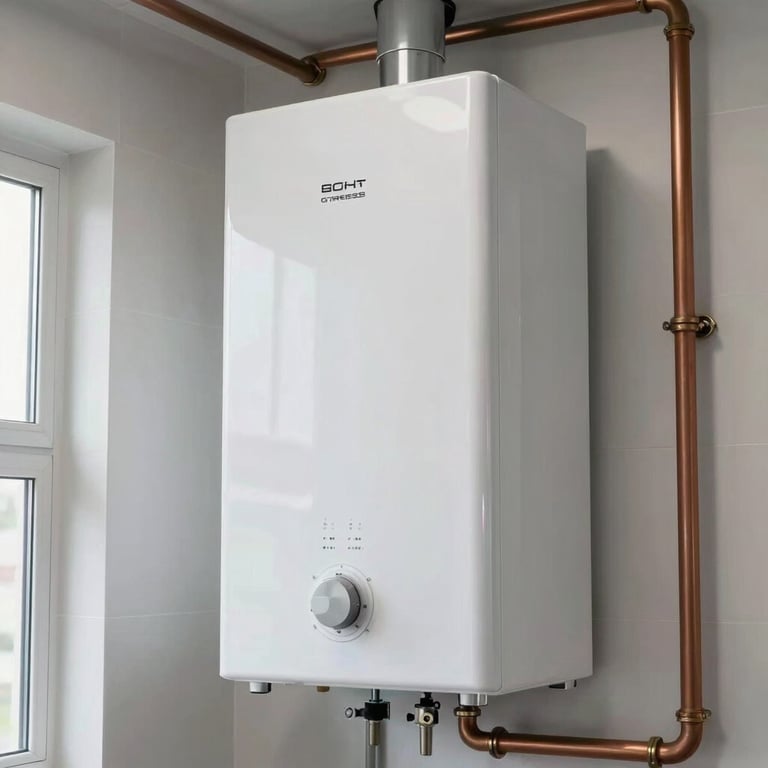 A modern white boiler installed neatly in a bright utility room with clean copper pipes.