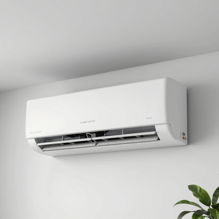 A new, efficient air conditioning unit mounted on a clean white wall in a modern office.