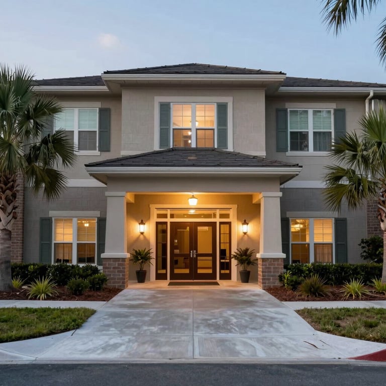 A wide shot of a secure apartment entrance in Ocala, featuring clear sightlines and professional landscaping under a soft sky blue sky.