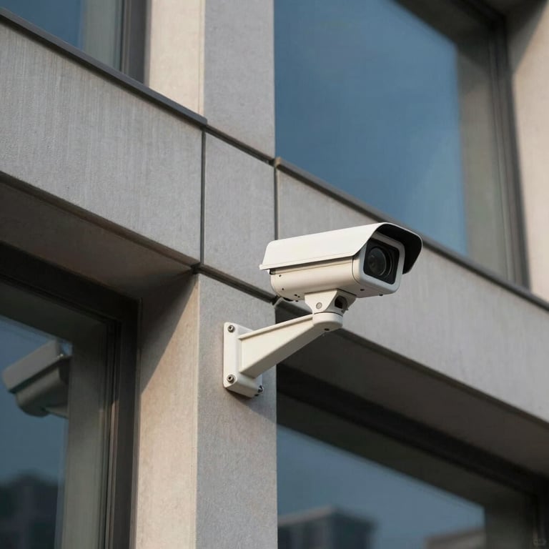 Detailed photography of architectural security features on a modern building exterior, highlighting lighting and surveillance integration.