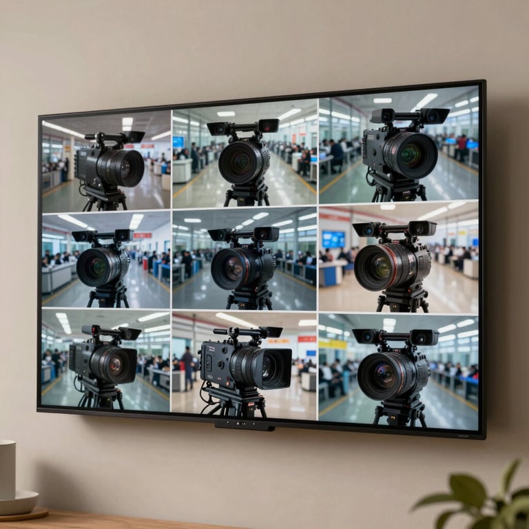 A wall-mounted display showing a multi-camera CCTV feed monitoring a professional commercial facility in India.