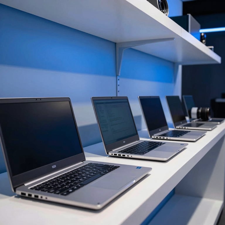 A tidy row of refurbished enterprise-grade laptops on a white display shelf under deep blue spotlighting.