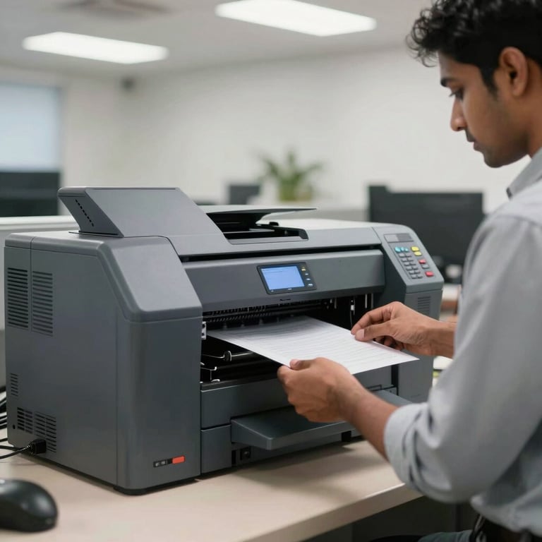 A professional installing a multi-function industrial printer in a modern South Asian business office.