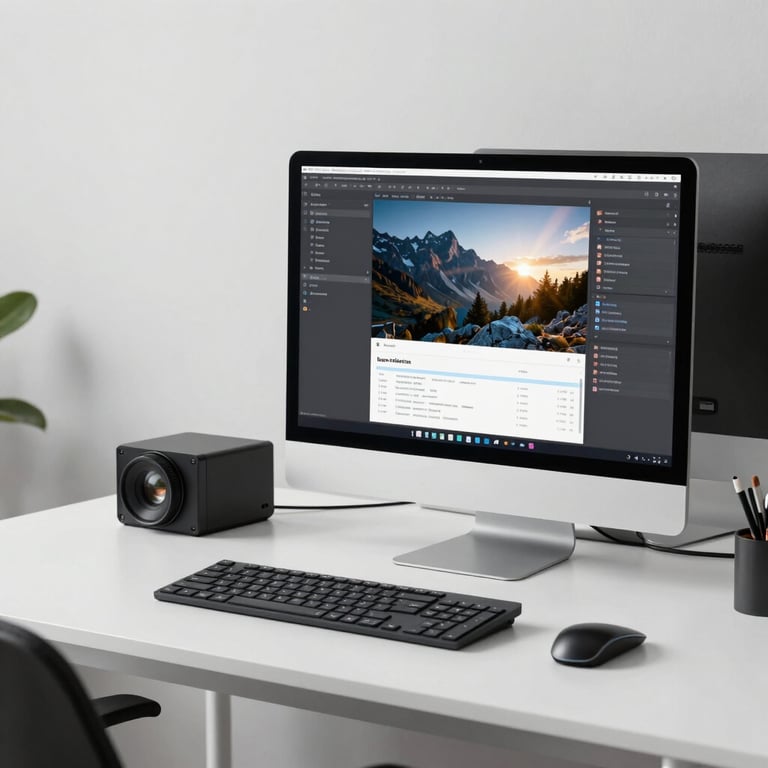 A clean, minimalist workspace featuring a high-performance computer and professional web development environment in a tech office.