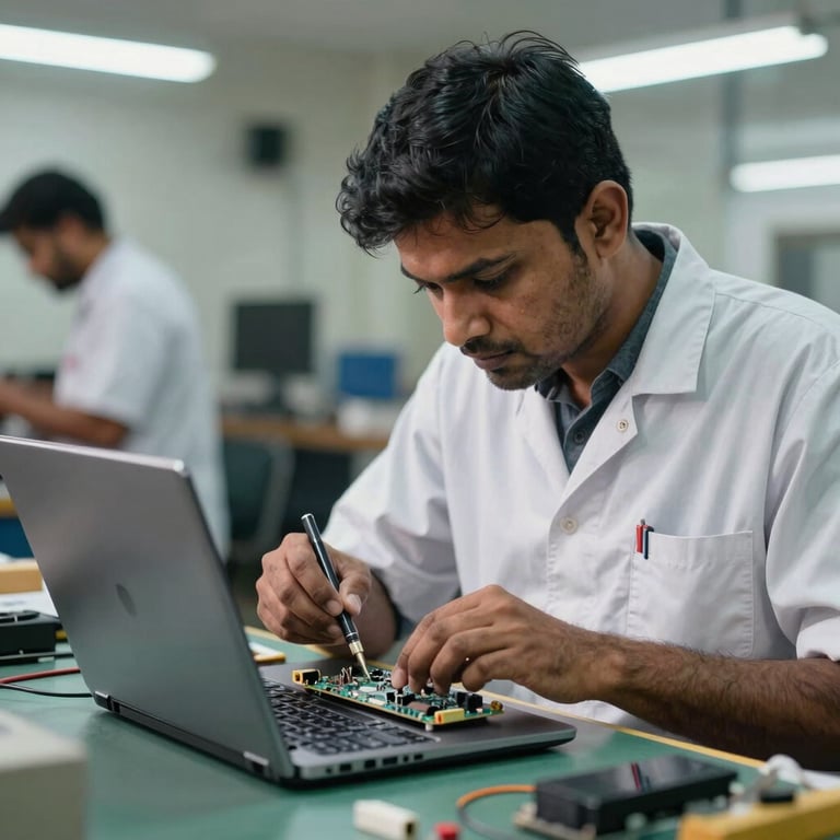 A technician in a professional uniform repairing a high-end laptop motherboard in a bright Amroha workshop, South Asian setting.