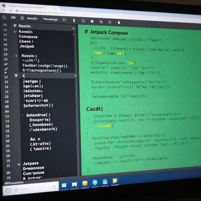 Close-up of a clean IDE screen displaying native Kotlin codeblocks and Jetpack Compose layouts, illuminated by soft green and blue monitor glow