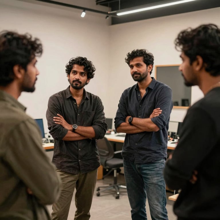 A group of creative collaborators in a modern South Asian studio discussing a music release, warm lighting.