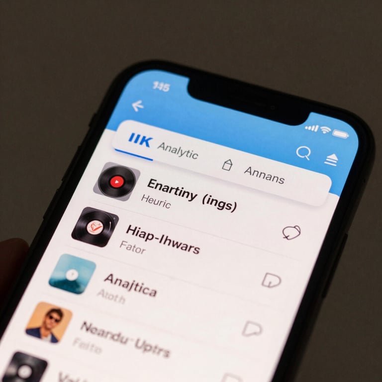 A sleek smartphone screen displaying a modern music analytics dashboard with off-white and sky blue accents.
