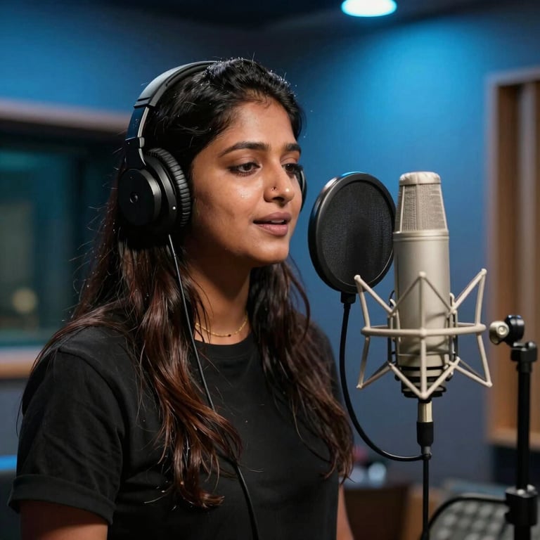 A professional South Asian singer capturing vocals in a high-tech recording booth with sky blue highlights.