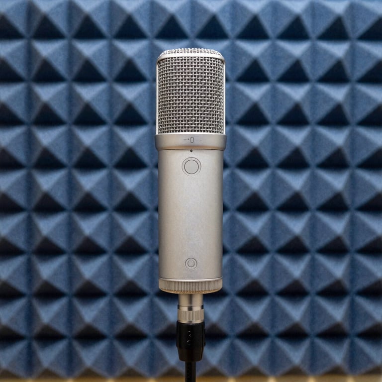 A high-quality studio microphone standing against a backdrop of slate blue acoustic foam.
