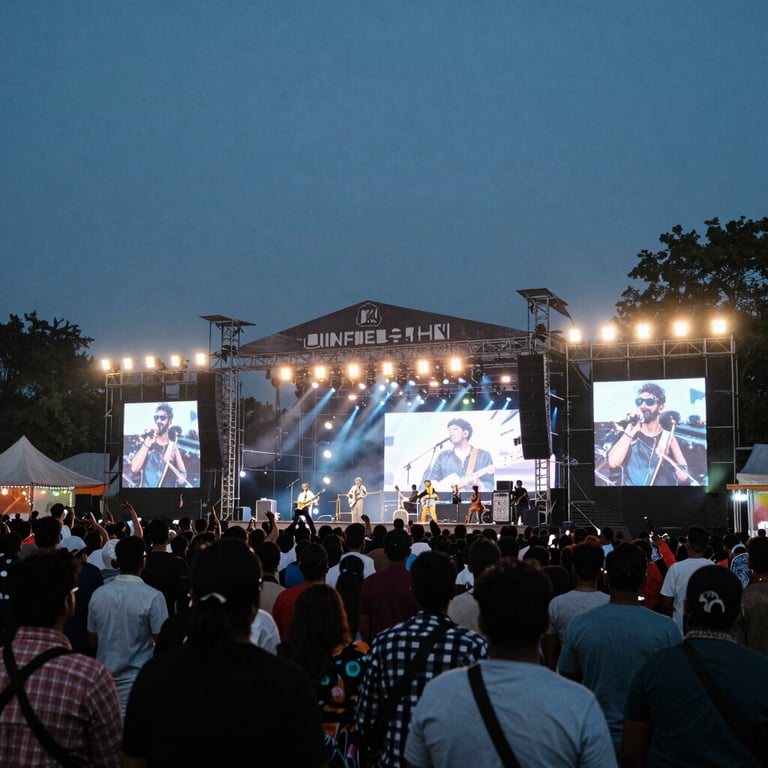 A vibrant outdoor music festival in an Indian city at twilight, with deep blue and charcoal gray stage lighting.