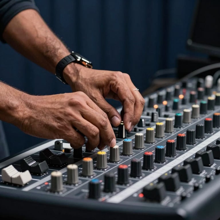 A close-up photograph of a South Asian artist's hands adjusting a professional sound mixer in a dark navy studio.