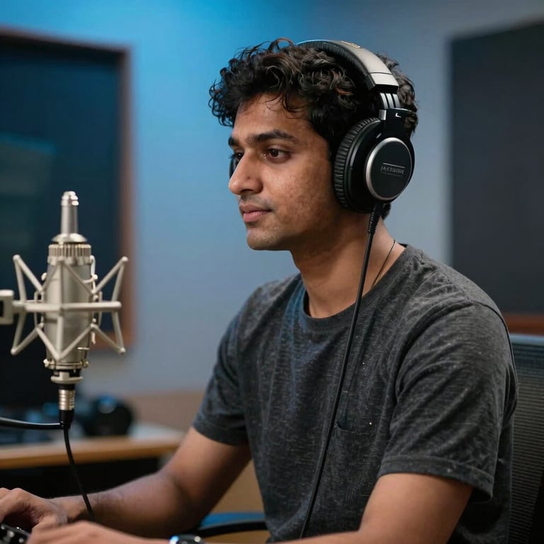 A young South Asian musician wearing professional headphones in a recording studio, softly lit by sky blue ambient light.