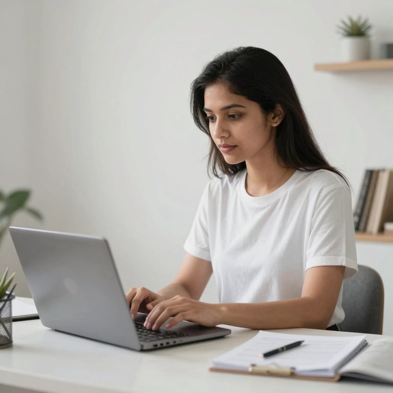 A clean, minimalist home office in Mumbai where an independent artist works on a laptop, professional and bright.