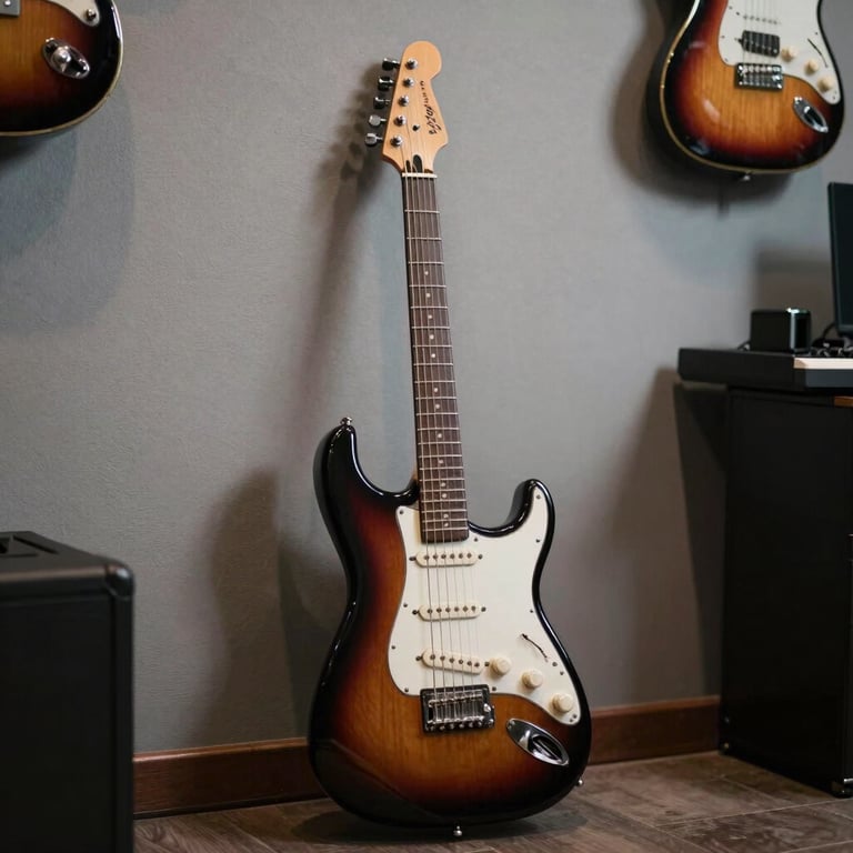 An electric guitar resting against a wall in a sleek, innovative music production room.