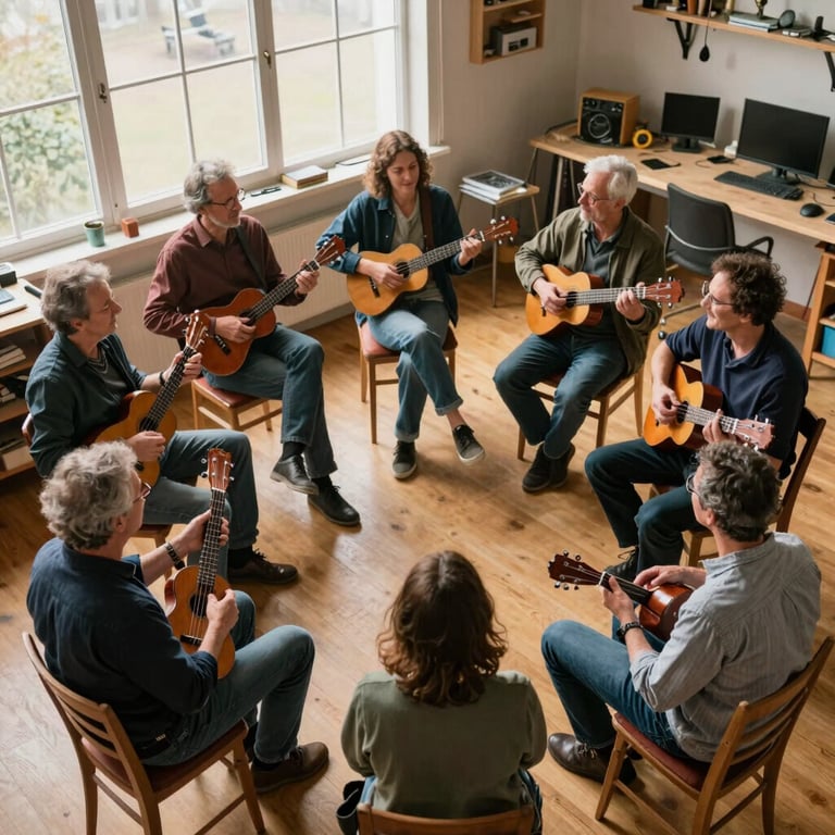 Overhead wide shot of a small workshop circle, six adults seated on wooden chairs with ukuleles in hand, soft north-facing daylight from tall windows illuminating the group from the left, faces relaxed and mid-conversation, instruments at various angles, a warm timber floor beneath them