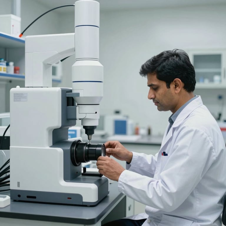A clean, modern pathology lab in India with advanced medical equipment and a technician in a white coat working precisely, bright lighting.