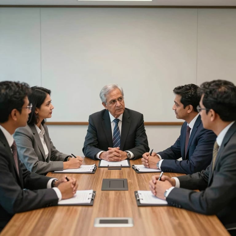 A corporate meeting room with South Asian professionals discussing a multi-sector strategy around a wooden table, professional and polished atmosphere.