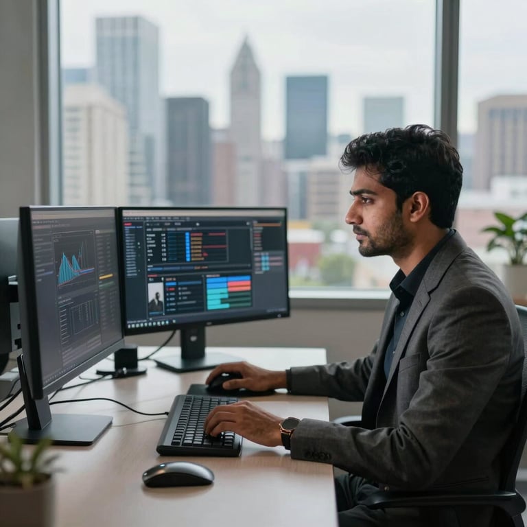 A digital marketing professional in a sleek office setting using a multi-monitor setup, South Asian city skyline visible through the window.