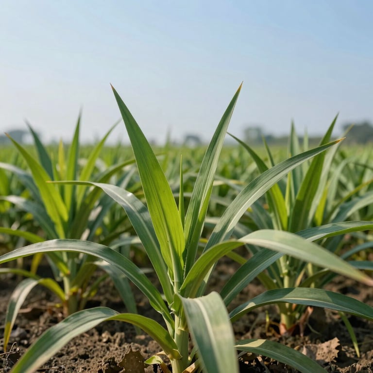 A close-up of healthy crops in an Indian agricultural field, showing success and vibrant green leaves under a clear light blue sky.