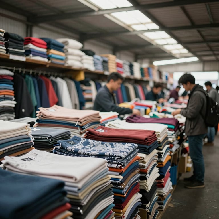 A bustling wholesale clothing market with high-quality fabrics and textiles neatly stacked, soft daylight entering from skylights.