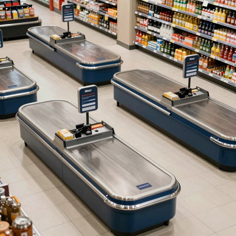 An overhead shot of a modern supermarket checkout area, efficient and organized, featuring branding colors of dark blue and off-white.