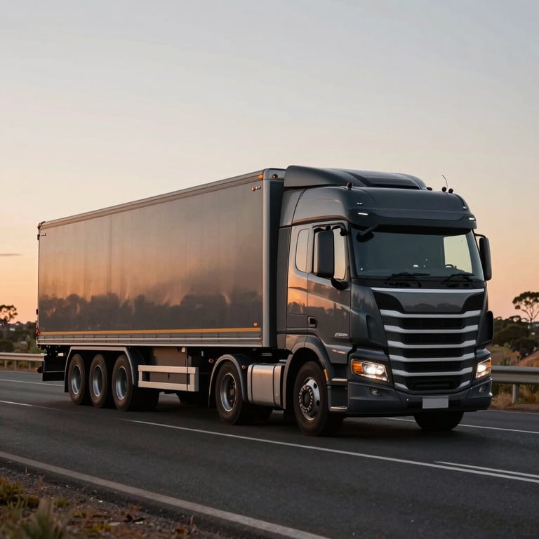 High-end photography of a sleek modern semi-trailer truck driving on an Australian highway during sunset. The composition is minimalist with deep charcoal tones and structured industrial appeal.