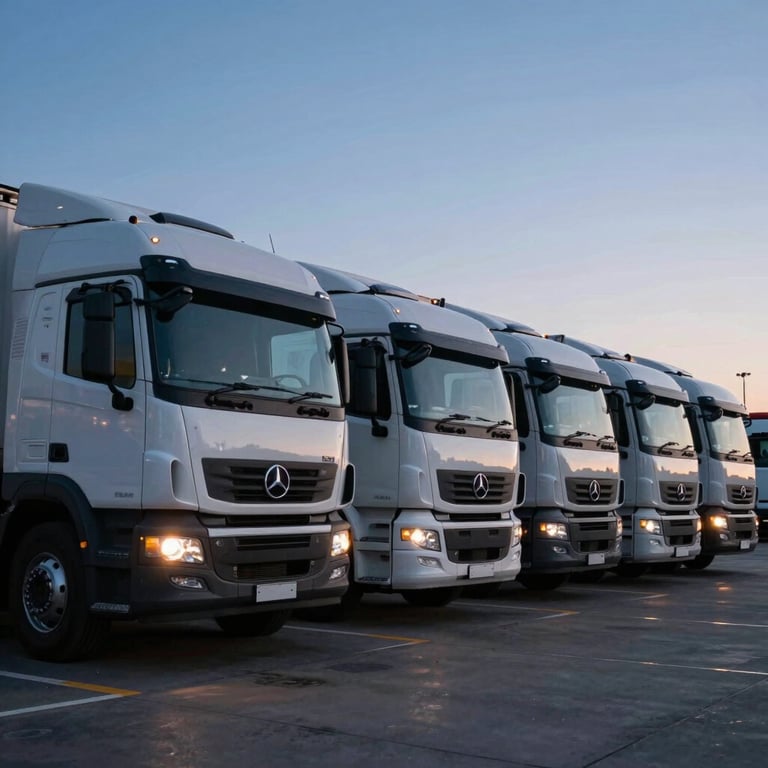 A fleet of corporate logistics trucks parked in a precise row at an Australian terminal during the early morning blue hour.