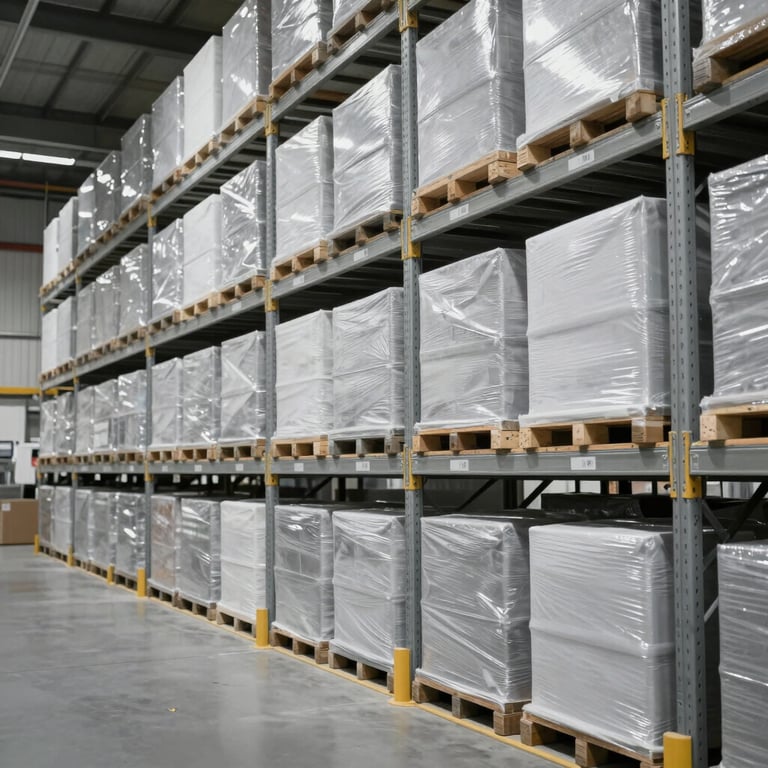 Interior shot of high-bay warehouse racking with perfectly aligned inventory, reflecting order and discipline in light grey and white.