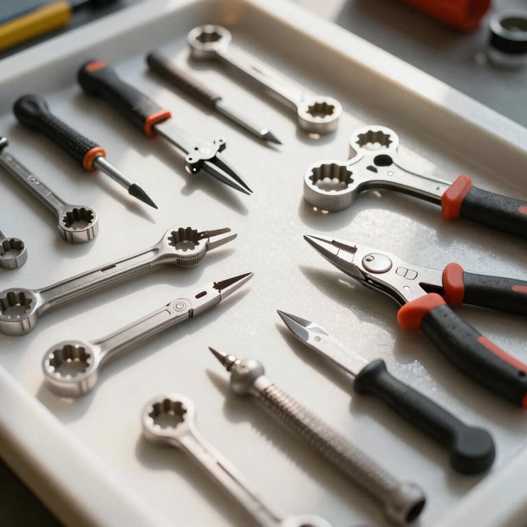 Extreme close-up of a neat, organized tool grid on a clean work surface, bright natural daylight highlighting precision hand tools