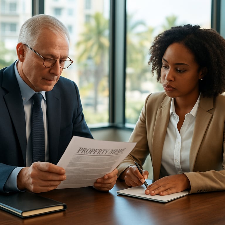 A professional meeting between two experts in a sleek, modern boardroom, focused on property deeds, in a bright Caribbean / Puerto Rican business setting.