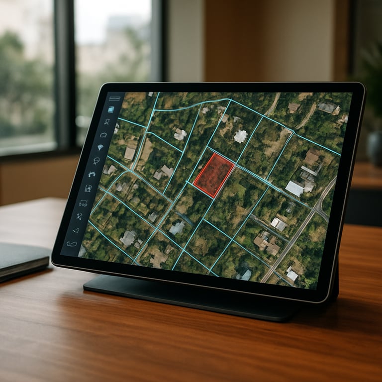 A professional tablet displaying a sophisticated property mapping software in a contemporary office setting in Puerto Rico.