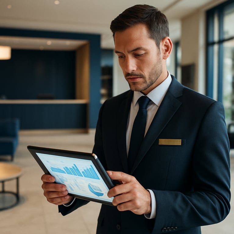 A hotel manager reviewing hospitality data on a tablet in a bright, modern lobby with navy blue accents.