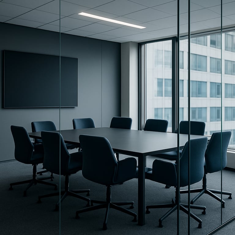 A minimalist corporate office meeting room with glass walls and professional furniture in dark blue and gray.