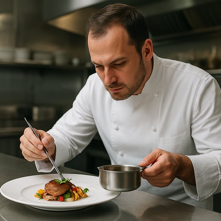 A high-end chef in a white uniform plating a dish in a modern professional kitchen, Global / Corporate style.