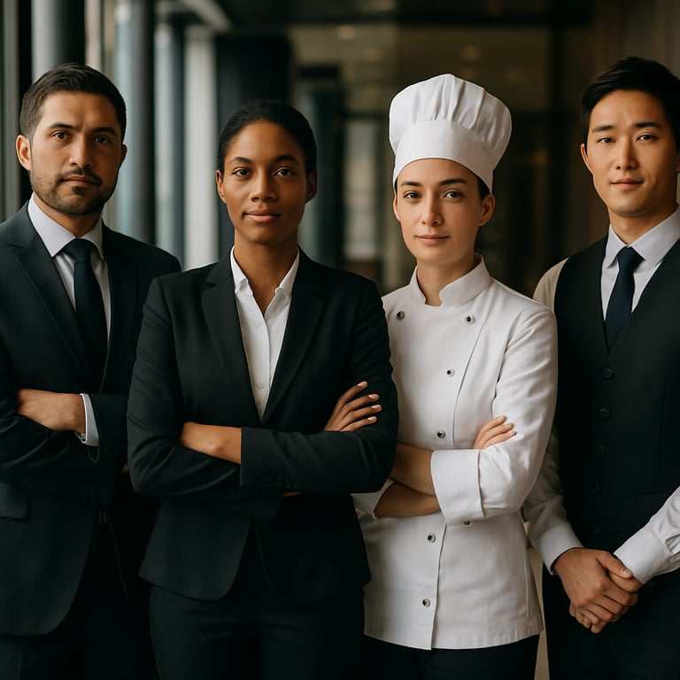 A group of diverse hospitality professionals standing confidently in a modern workspace, wearing corporate attire.
