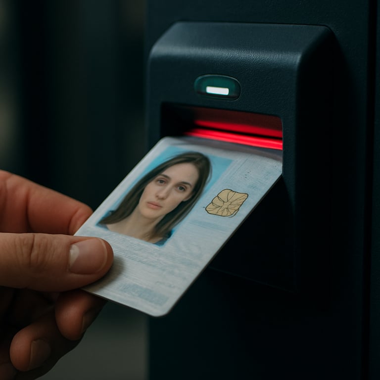 A close-up of a secure identification card being scanned at a professional terminal, emphasizing security.