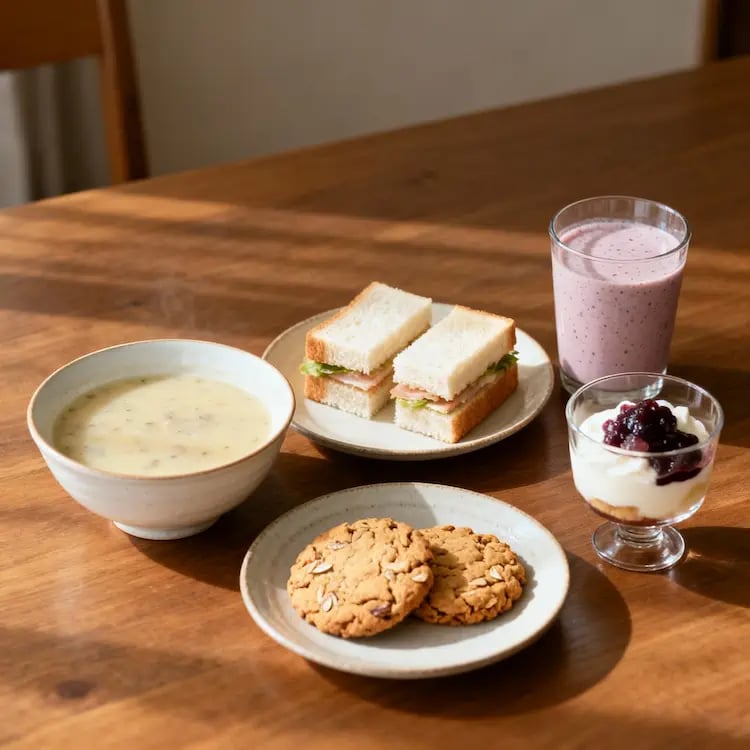 Tisch mit einer Schale cremiger Suppe, einem Glas Smoothie, kleinen Sandwiches, Haferkeksen und einem Dessert im Glas