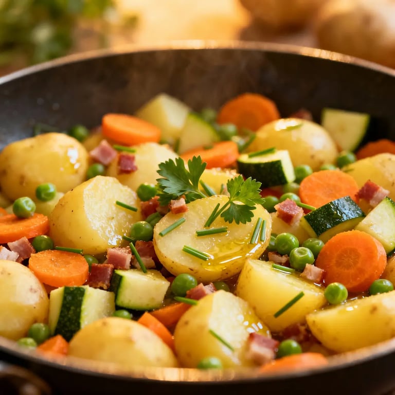 Colourful vegetable mix in a pan, garnished with herbs
