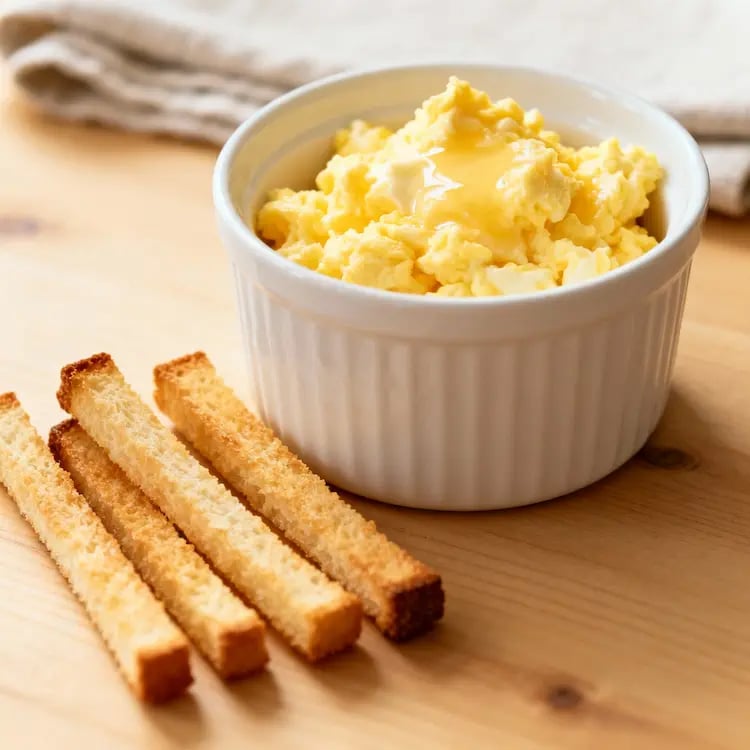  Weiches  Rührei auf mit Toast-Sticks serviert.