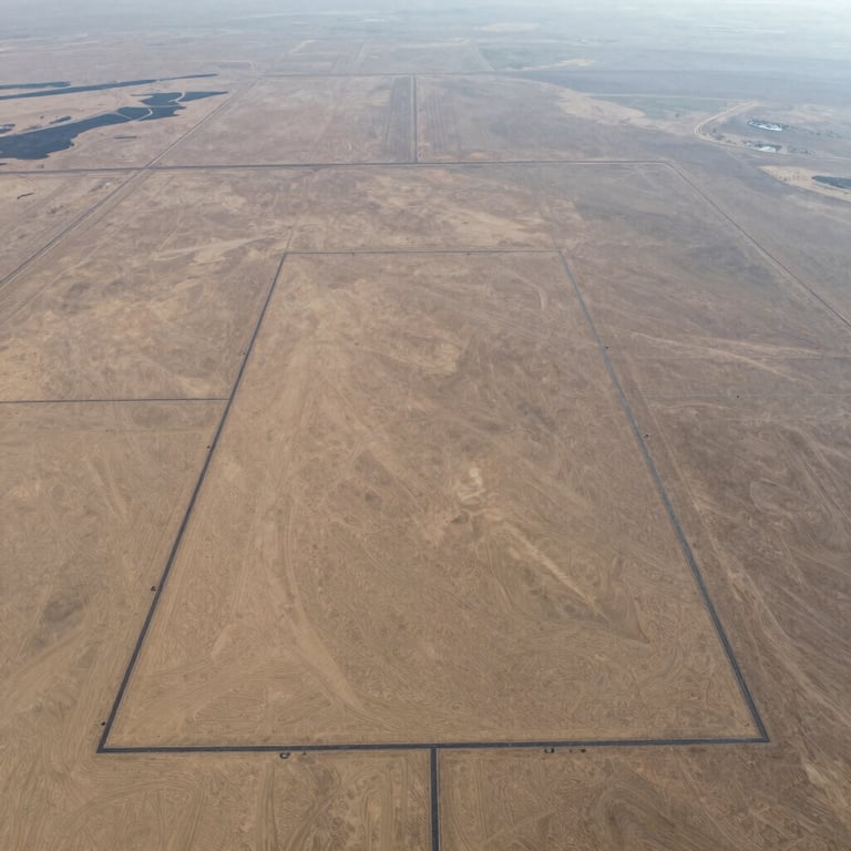 High-altitude drone photograph of a flat rectangular desert land parcel with superimposed digital boundary lines, crisp morning light, high detail.