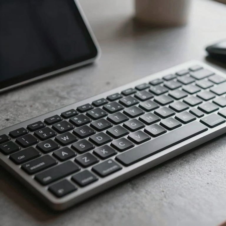 A detailed shot of a modern keyboard and tablet on a desk in a South Asian / Indian professional setting with dark charcoal accents.