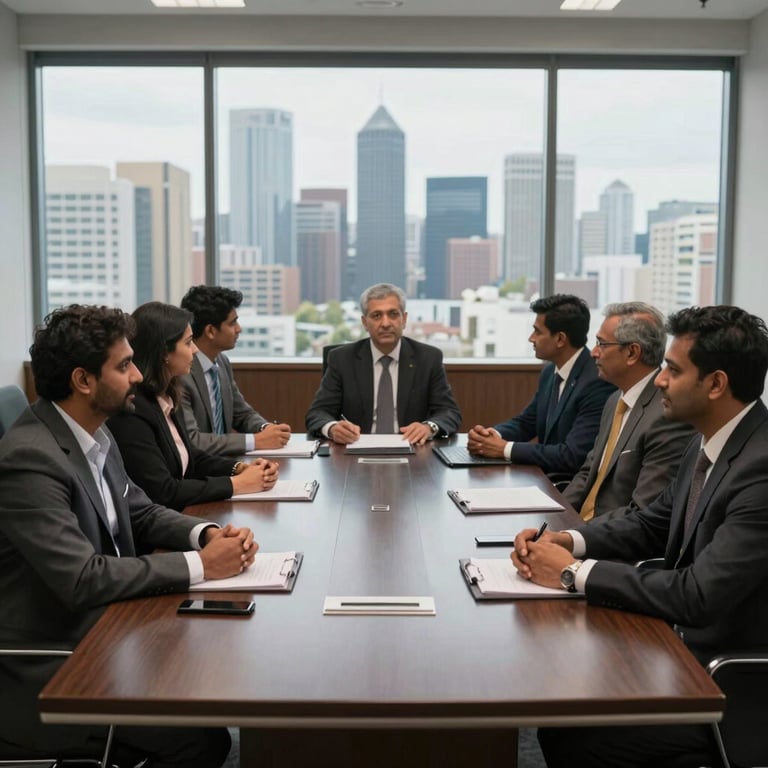 A professional South Asian / Indian team meeting in a boardroom with dark charcoal furniture and a view of the city skyline.