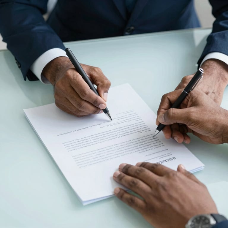 Hands of a South Asian / Indian professional signing a legal document, captured in a clean style with pale ice blue tones.