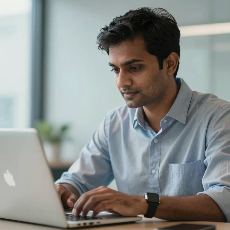 A close-up of a South Asian / Indian professional using a laptop in a bright, modern office with soft blue lighting.