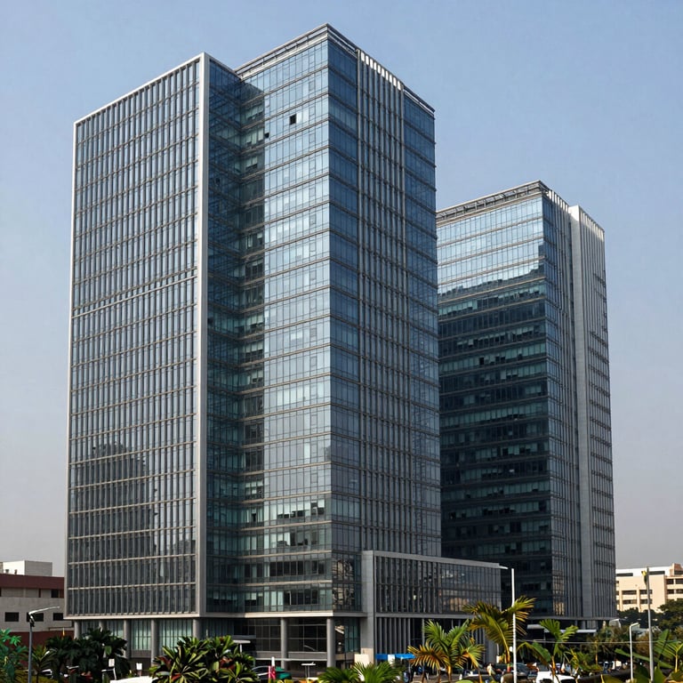 Architecture of a modern business park in Bangalore, featuring steel and glass with slate blue reflections.