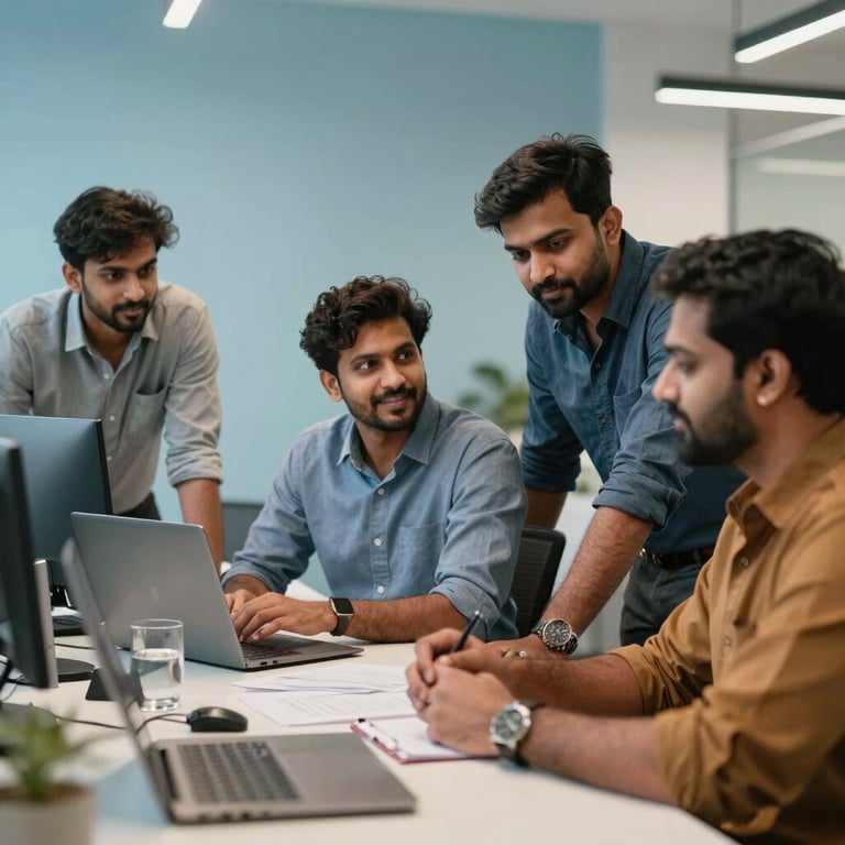 A startup office environment in India with South Asian / Indian founders collaborating, featuring soft blue decor.