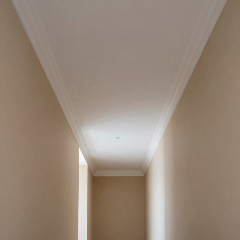 A beautifully painted interior hallway with high ceilings and crisp white trim against beige walls.