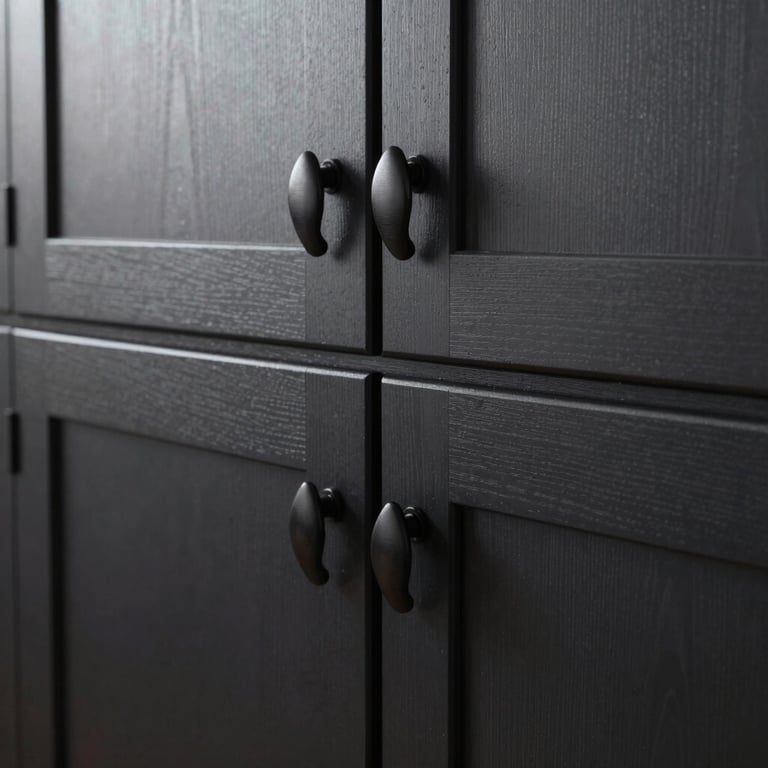 A detailed shot of perfectly refinished kitchen cabinets in a deep charcoal black with modern hardware.