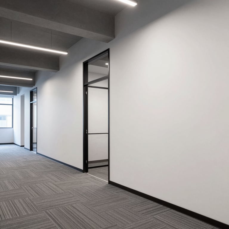 An commercial office space with clean, sharp corporate colors applied expertly to the walls and structural beams.